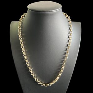 9ct Gold - 1/2 Patterned Round Link Belcher Necklace  22"  7mm  Albert Clasp